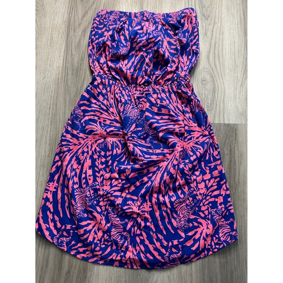 Lilly Pulitzer Strapless Dress Pink Blue Tropical Print Smocked Waist XS - Picture 1 of 5